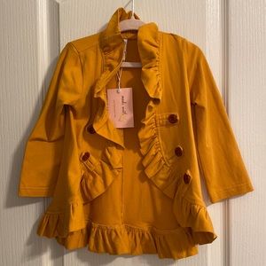 Mia Belle Girls mustard yellow ruffle button up jacket